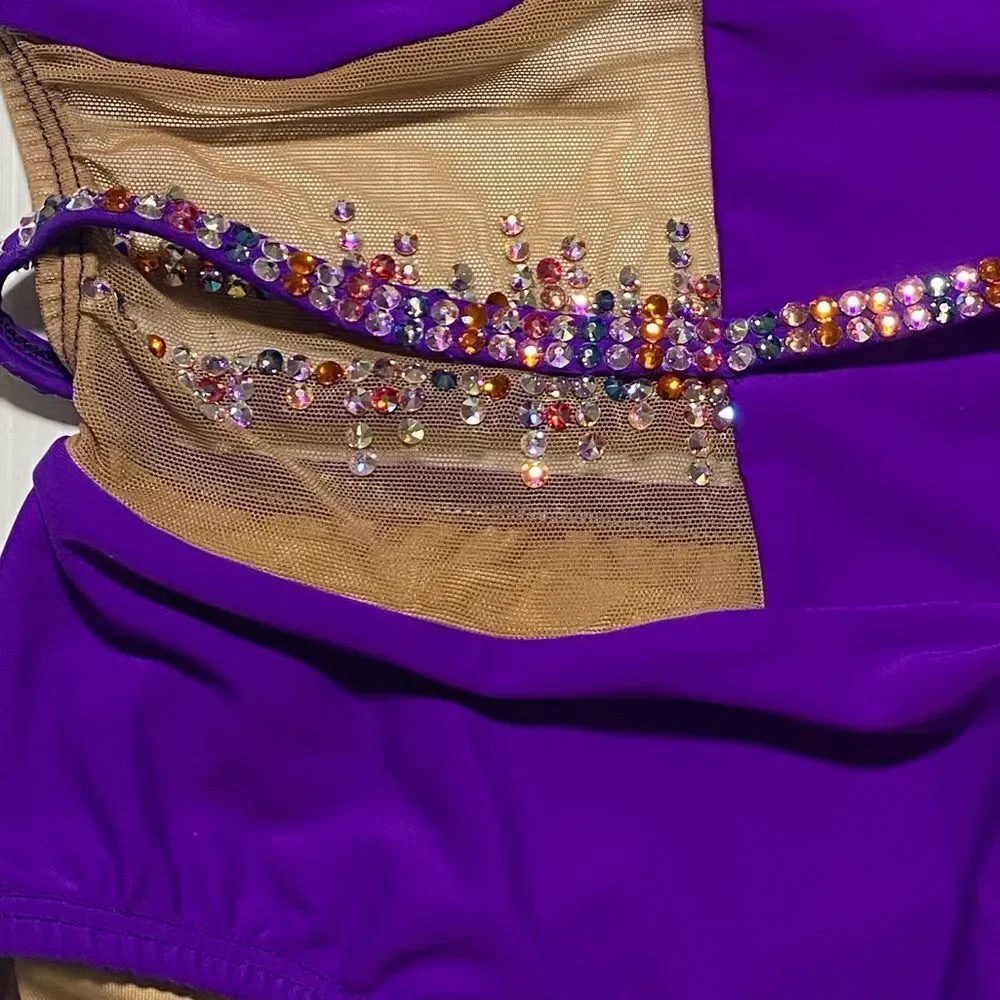 AA dance design solo costume JOURNEY leotard purple mesh cutout LC-large child